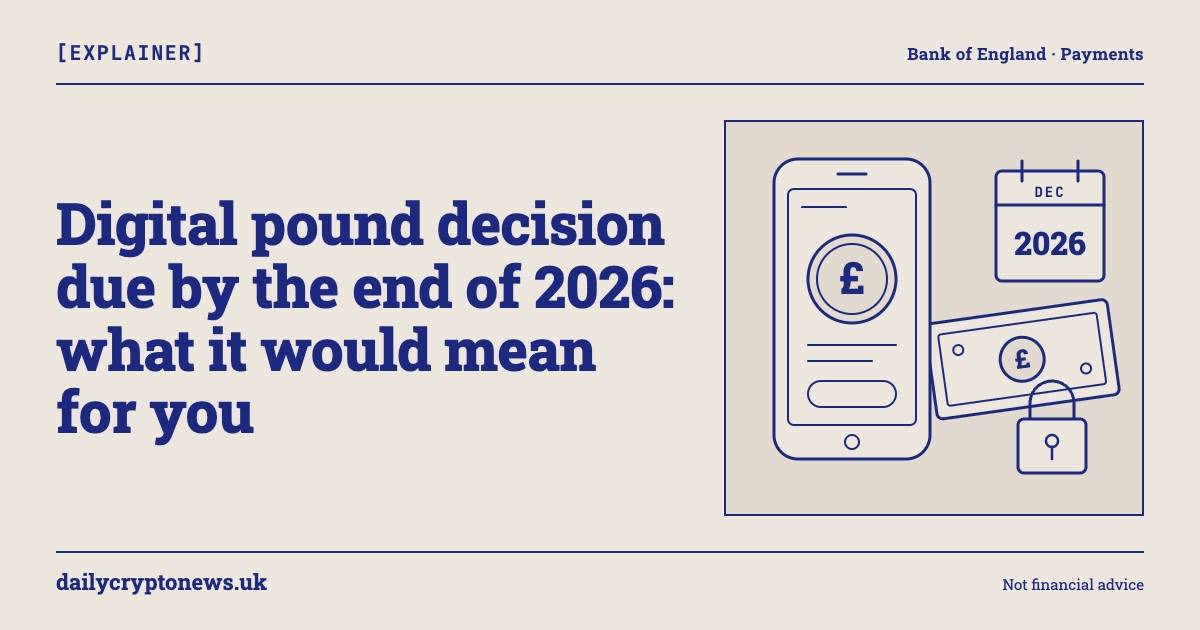 Illustrated cover: a phone wallet with a pound coin beside a banknote, padlock and 2026 calendar, asking what the digital pound decision would mean for UK users