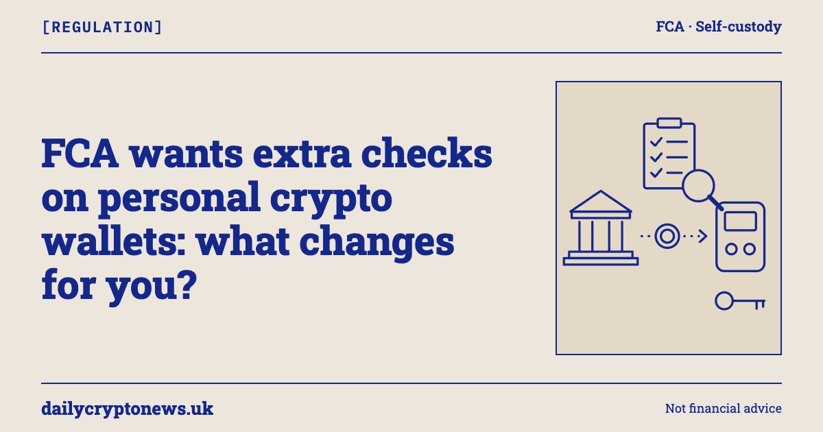 Illustrated cover: a coin moving from an exchange to a personal wallet past a magnifying glass and checklist, asking what the FCA's personal wallet checks mean for UK users